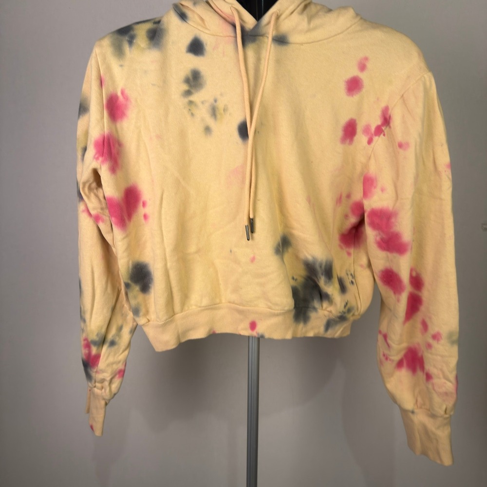 AFRM Womens Yellow Tie Dye Cropped Hoodie Sweatshirt Pink Black Size Medium